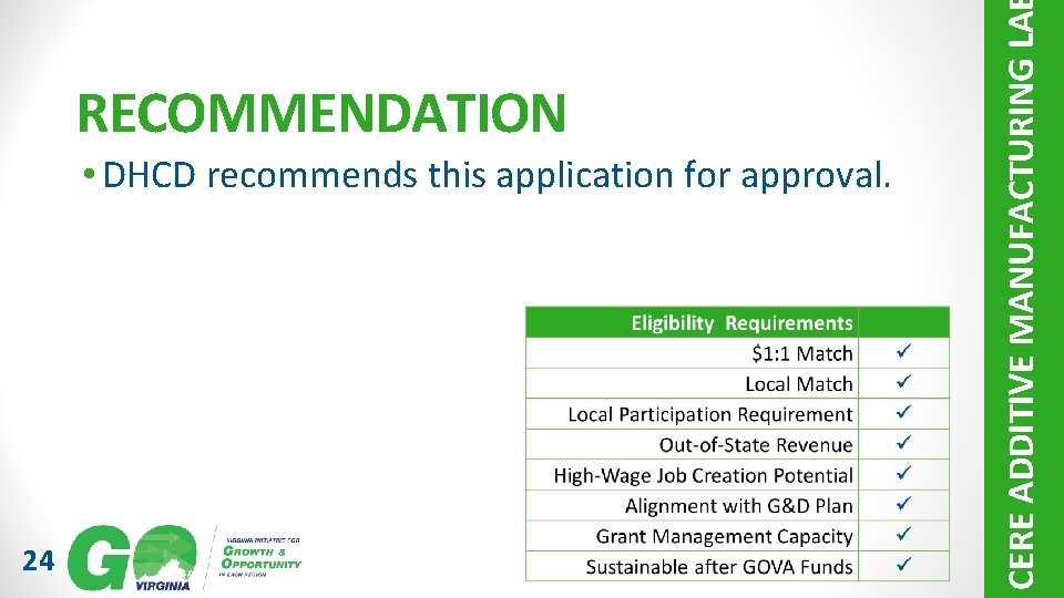  • DHCD recommends this application for approval. 24 CERE ADDITIVE MANUFACTURING LA RECOMMENDATION