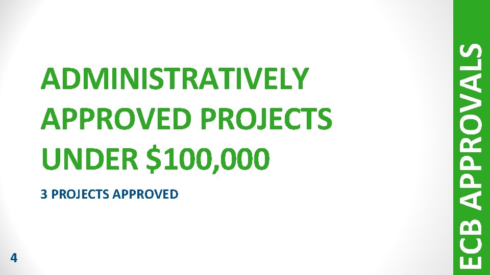 3 PROJECTS APPROVED 4 ECB APPROVALS ADMINISTRATIVELY APPROVED PROJECTS UNDER $100, 000 