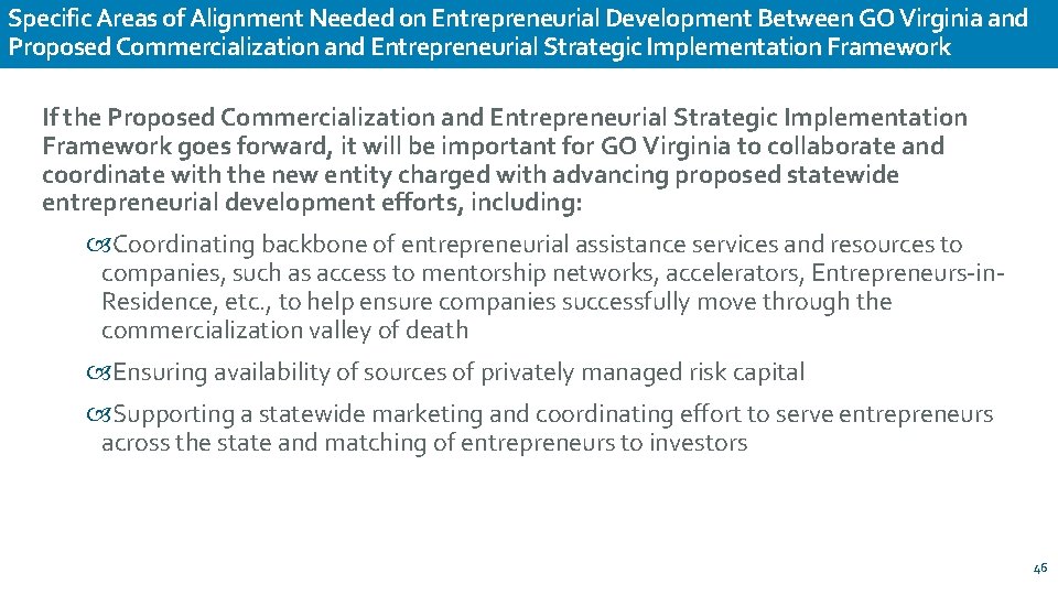 Specific Areas of Alignment Needed on Entrepreneurial Development Between GO Virginia and Proposed Commercialization