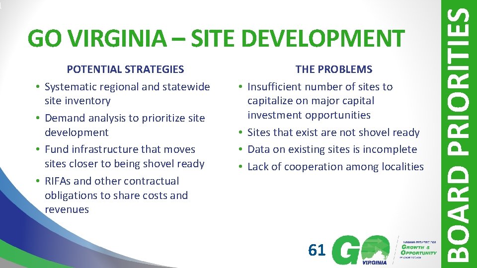 GO VIRGINIA – SITE DEVELOPMENT • • 61 POTENTIAL STRATEGIES Systematic regional and statewide