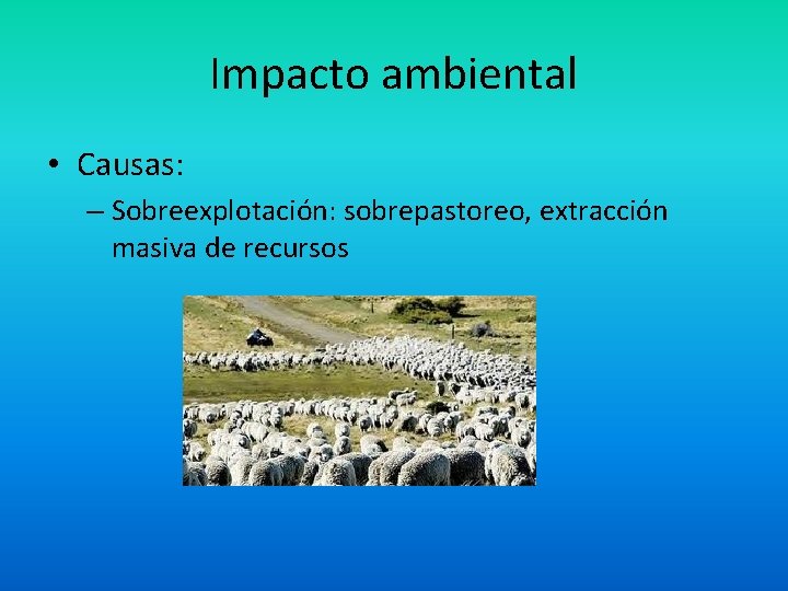 Impacto ambiental • Causas: – Sobreexplotación: sobrepastoreo, extracción masiva de recursos 