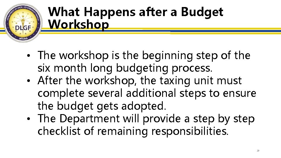 What Happens after a Budget Workshop • The workshop is the beginning step of