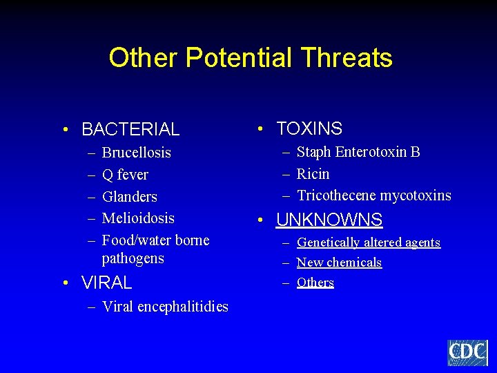 Other Potential Threats • BACTERIAL – – – Brucellosis Q fever Glanders Melioidosis Food/water