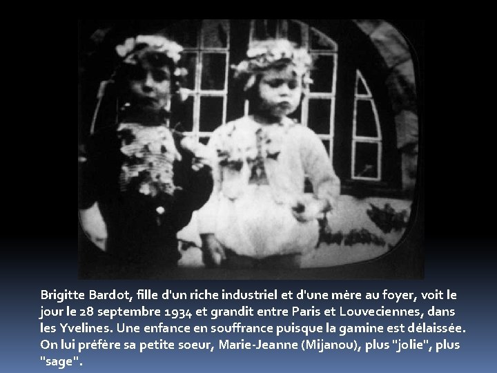 Brigitte Bardot, fille d'un riche industriel et d'une mère au foyer, voit le jour