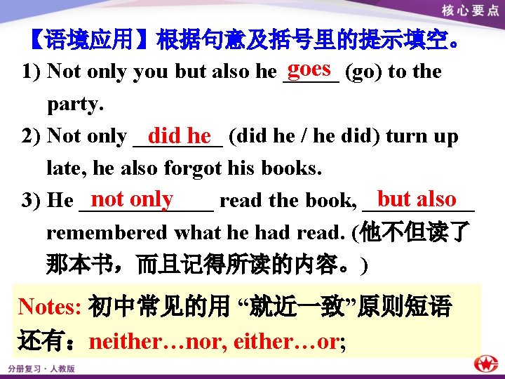 【语境应用】根据句意及括号里的提示填空。 goes 1) Not only you but also he _____ (go) to the party.