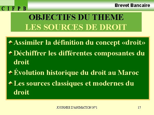 Brevet Bancaire OBJECTIFS DU THEME LES SOURCES DE DROIT Assimiler la définition du concept