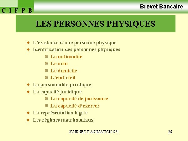 Brevet Bancaire LES PERSONNES PHYSIQUES L’existence d’une personne physique Identification des personnes physiques La