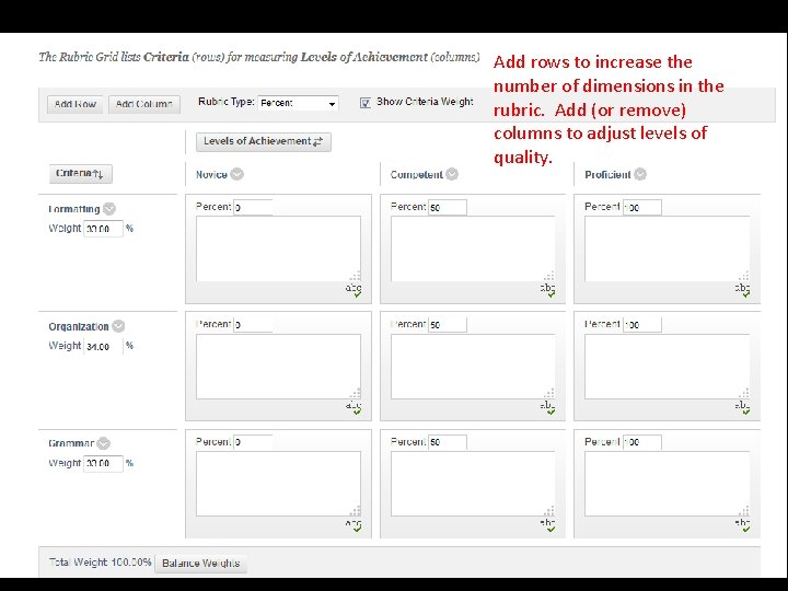 Add rows to increase the number of dimensions in the rubric. Add (or remove)