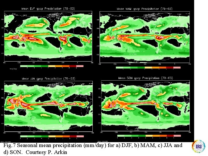 Fig. 7 Seasonal mean precipitation (mm/day) for a) DJF, b) MAM, c) JJA and