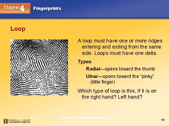 Fingerprints Loop A loop must have one or more ridges entering and exiting from