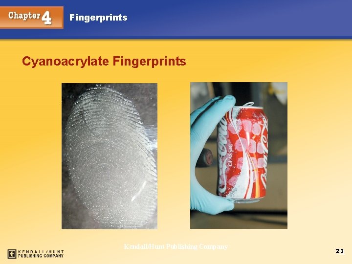 Fingerprints Cyanoacrylate Fingerprints Chapter 4 Kendall/Hunt Publishing Company 21 21 