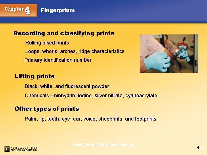 Fingerprints Recording and classifying prints Rolling inked prints Loops, whorls, arches, ridge characteristics Primary