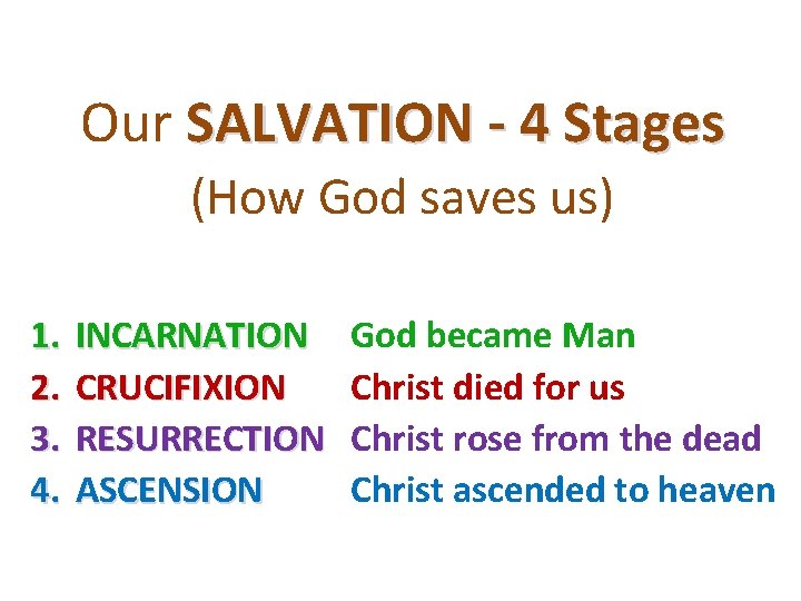 Our SALVATION - 4 Stages (How God saves us) 1. 2. 3. 4. INCARNATION