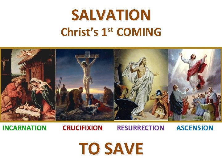 SALVATION Christ’s 1 st COMING INCARNATION CRUCIFIXION RESURRECTION TO SAVE ASC ENS ION 