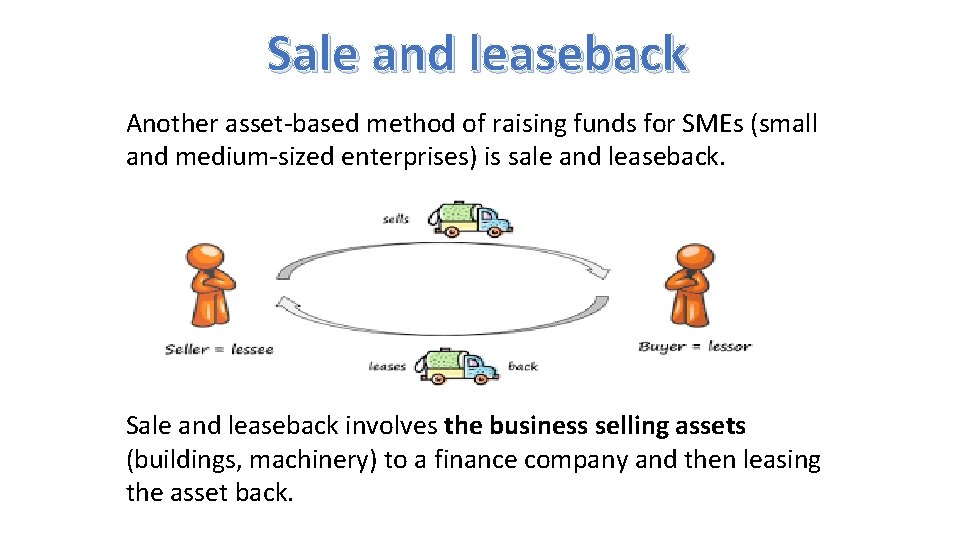 Sale and leaseback Another asset-based method of raising funds for SMEs (small and medium-sized