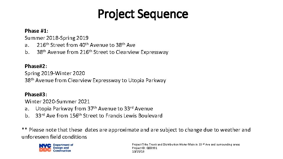 Project Sequence Phase #1: Summer 2018 -Spring 2019 a. 216 th Street from 40