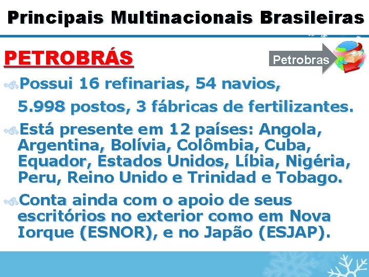 Principais Multinacionais Brasileiras PETROBRÁS Petrobras Possui 16 refinarias, 54 navios, 5. 998 postos, 3