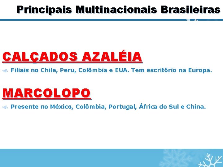 Principais Multinacionais Brasileiras CALÇADOS AZALÉIA Filiais no Chile, Peru, Colômbia e EUA. Tem escritório