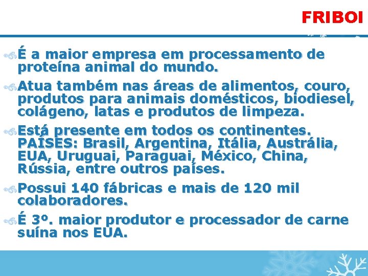 FRIBOI É a maior empresa em processamento de proteína animal do mundo. Atua também