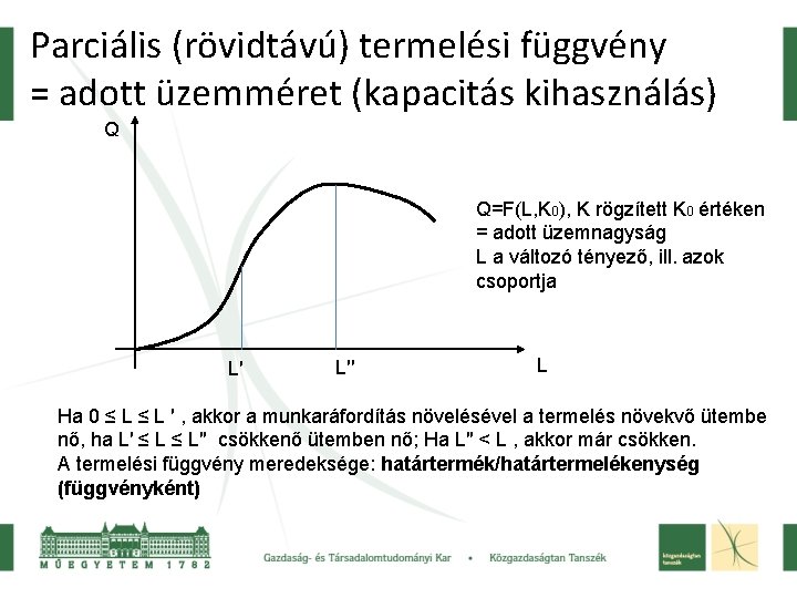 Parciális (rövidtávú) termelési függvény = adott üzemméret (kapacitás kihasználás) Q Q=F(L, K 0), K
