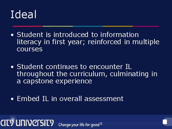 Ideal • Student is introduced to information literacy in first year; reinforced in multiple