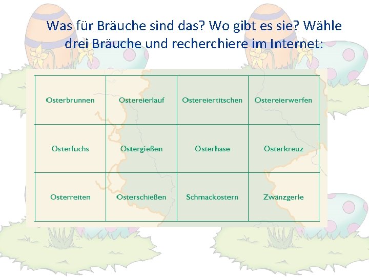 Was für Bräuche sind das? Wo gibt es sie? Wähle drei Bräuche und recherchiere