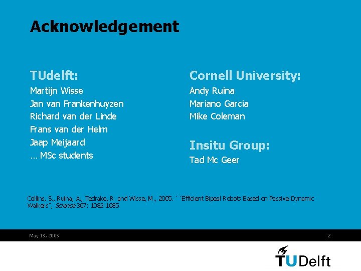 Acknowledgement TUdelft: Cornell University: Martijn Wisse Jan van Frankenhuyzen Richard van der Linde Frans