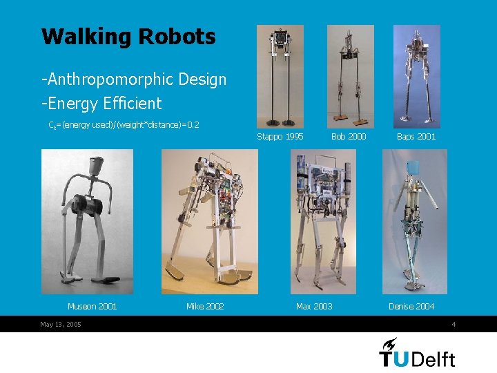 Walking Robots -Anthropomorphic Design -Energy Efficient Ct=(energy used)/(weight*distance)=0. 2 Museon 2001 May 13, 2005