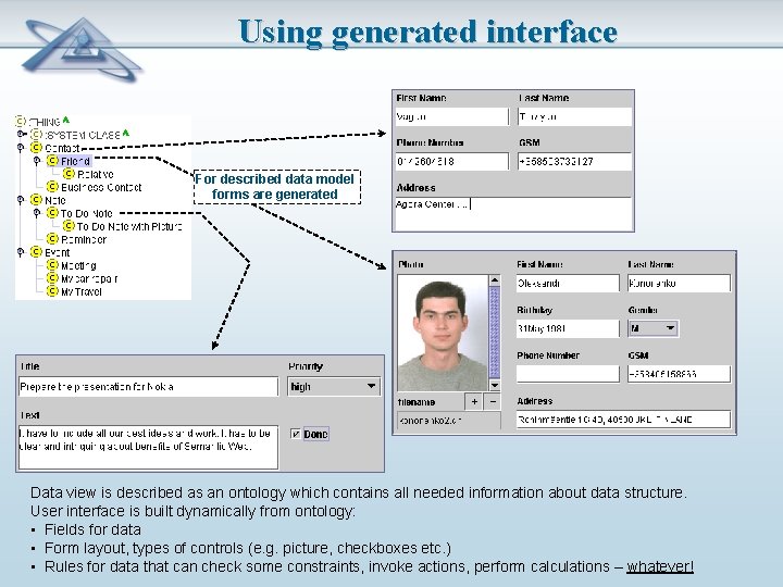 Using generated interface For described data model forms are generated Data view is described