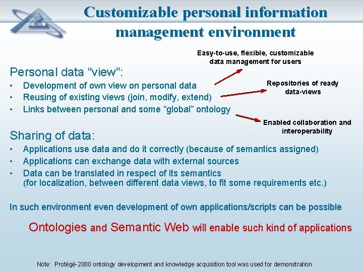 Customizable personal information management environment Personal data “view”: • • • Development of own