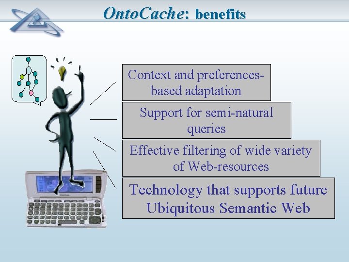 Onto. Cache: benefits Context and preferencesbased adaptation Support for semi-natural queries Effective filtering of