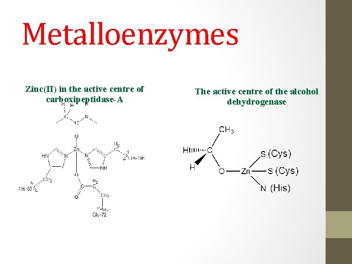 Metalloenzymes Zinc(II) in the active centre of carboxipeptidase-A The active centre of the alcohol