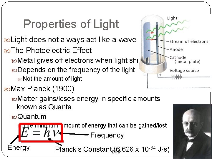Properties of Light does not always act like a wave The Photoelectric Effect Metal