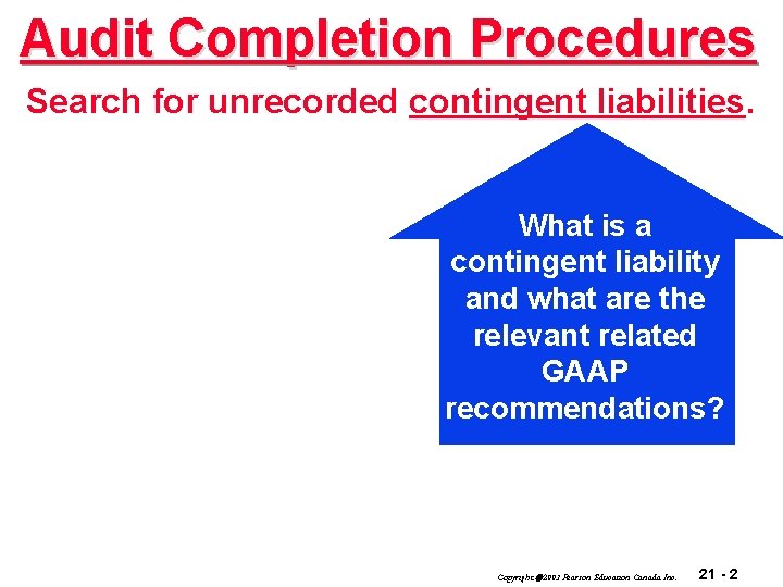 Audit Completion Procedures Search for unrecorded contingent liabilities. What is a contingent liability and