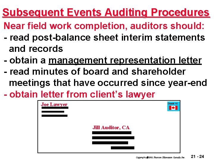 Subsequent Events Auditing Procedures Near field work completion, auditors should: - read post-balance sheet