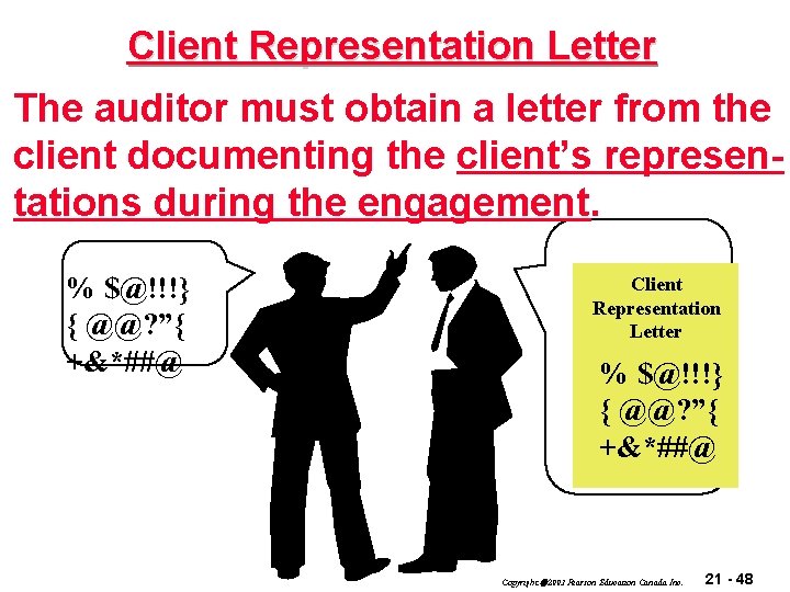 Client Representation Letter The auditor must obtain a letter from the client documenting the