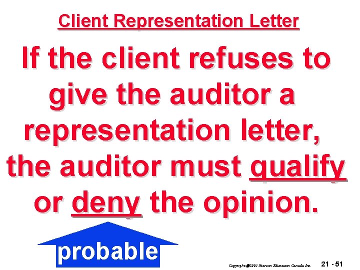 Client Representation Letter If the client refuses to give the auditor a representation letter,