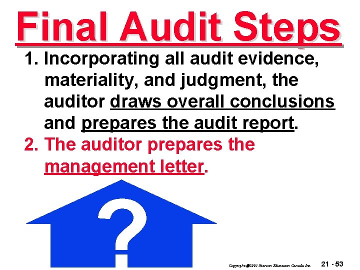 Final Audit Steps 1. Incorporating all audit evidence, materiality, and judgment, the auditor draws