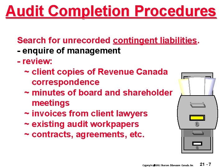 Audit Completion Procedures Search for unrecorded contingent liabilities. - enquire of management - review: