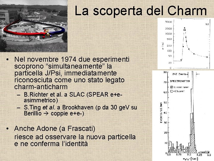 La scoperta del Charm • Nel novembre 1974 due esperimenti scoprono “simultaneamente” la particella