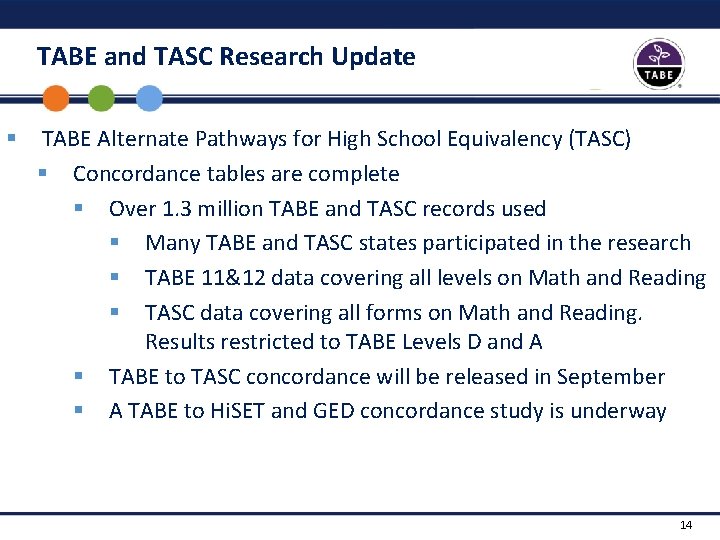 TABE and TASC Research Update § TABE Alternate Pathways for High School Equivalency (TASC)