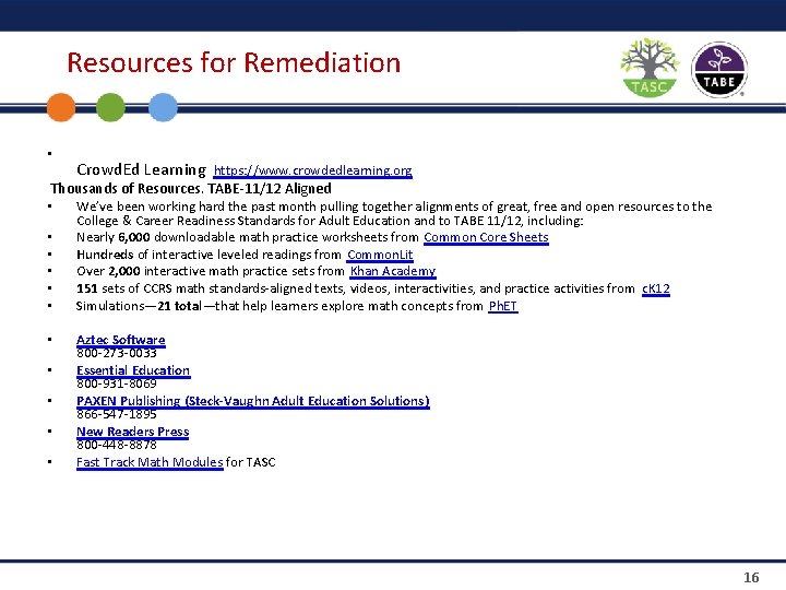 Resources for Remediation • Crowd. Ed Learning https: //www. crowdedlearning. org Thousands of Resources.