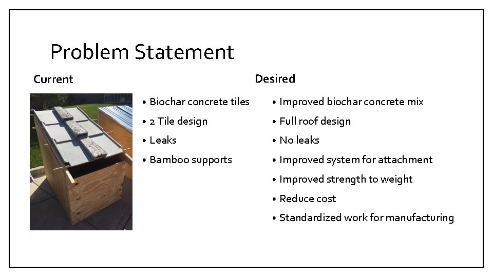 Problem Statement Desired Current • Biochar concrete tiles • Improved biochar concrete mix •