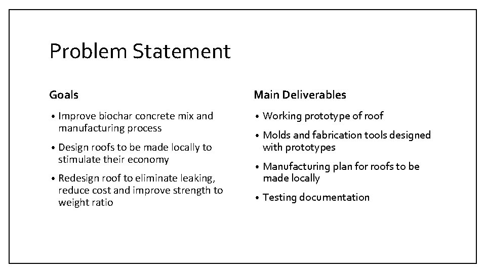 Problem Statement Goals • • • Improve biochar concrete mix and manufacturing process Design