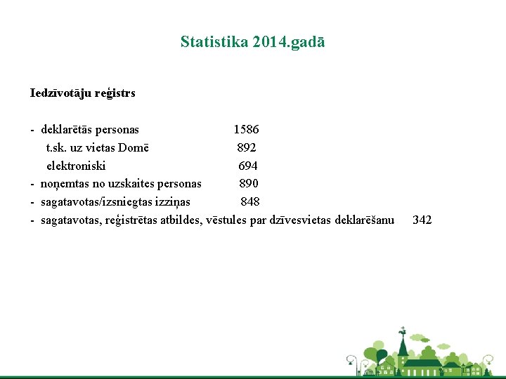 Statistika 2014. gadā Iedzīvotāju reģistrs - deklarētās personas 1586 t. sk. uz vietas Domē