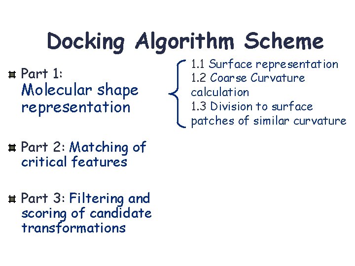 Docking Algorithm Scheme Part 1: Molecular shape representation Part 2: Matching of critical features