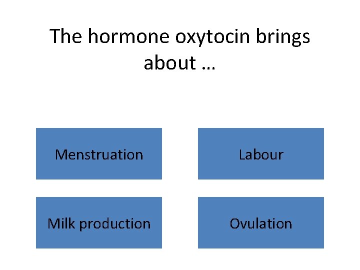 The hormone oxytocin brings about … Menstruation Labour Milk production Ovulation 