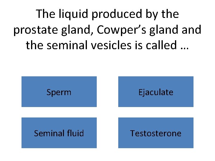 The liquid produced by the prostate gland, Cowper’s gland the seminal vesicles is called