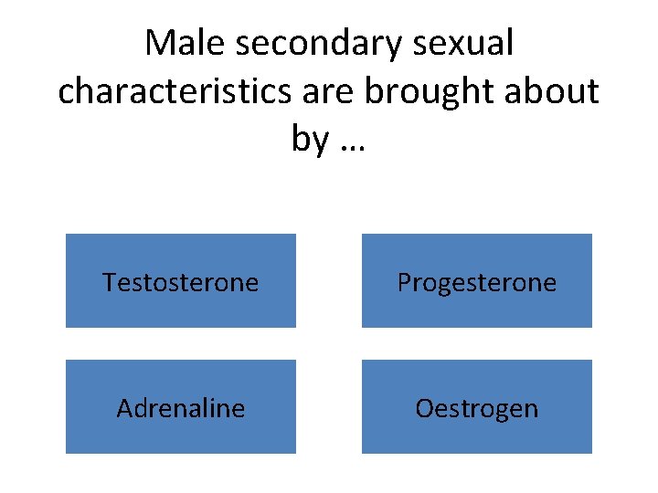 Male secondary sexual characteristics are brought about by … Testosterone Progesterone Adrenaline Oestrogen 