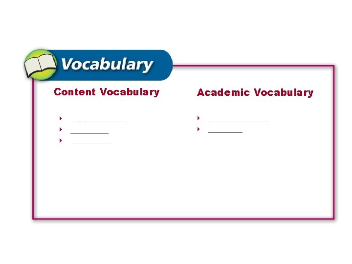 Content Vocabulary Academic Vocabulary ___________ ___________ 